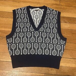Tory Burch Jacquard V-Neck Sweater Vest In Tory Navy Blue / Racquets Size: Small